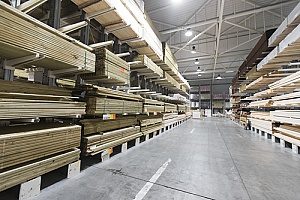 treated lumber and plywood products in a warehouse