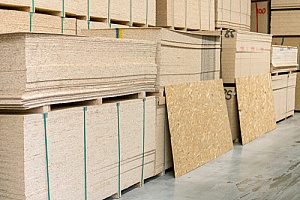 plywood stacked in a warehouse