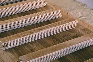 Fire retardant plywood planks arranged in rows
